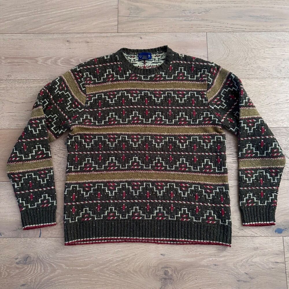 Charter Club Room Vintage Fair Isle Sweater L Wool Blend Green Knit